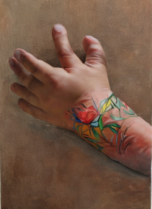 A hand with five fingers and a thumb, with a floral tattoo on the wrist