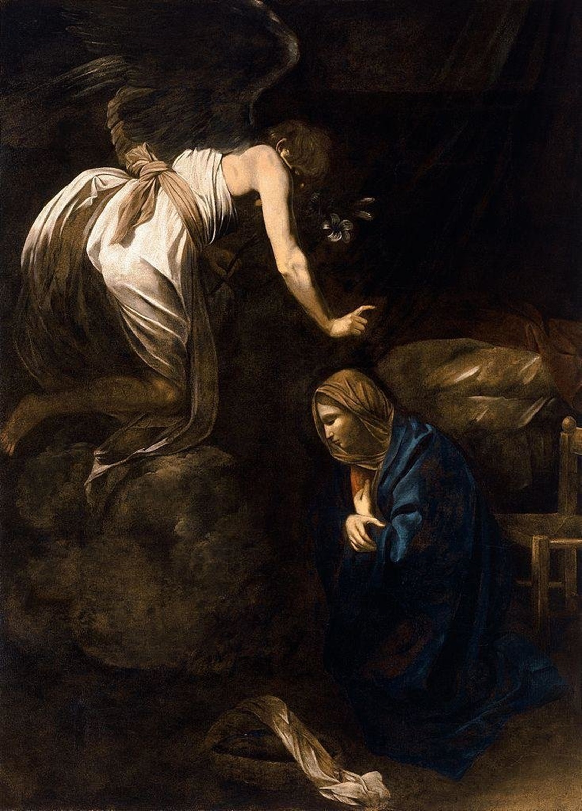 An angel in a white robe hovers over a kneeling woman in blue
