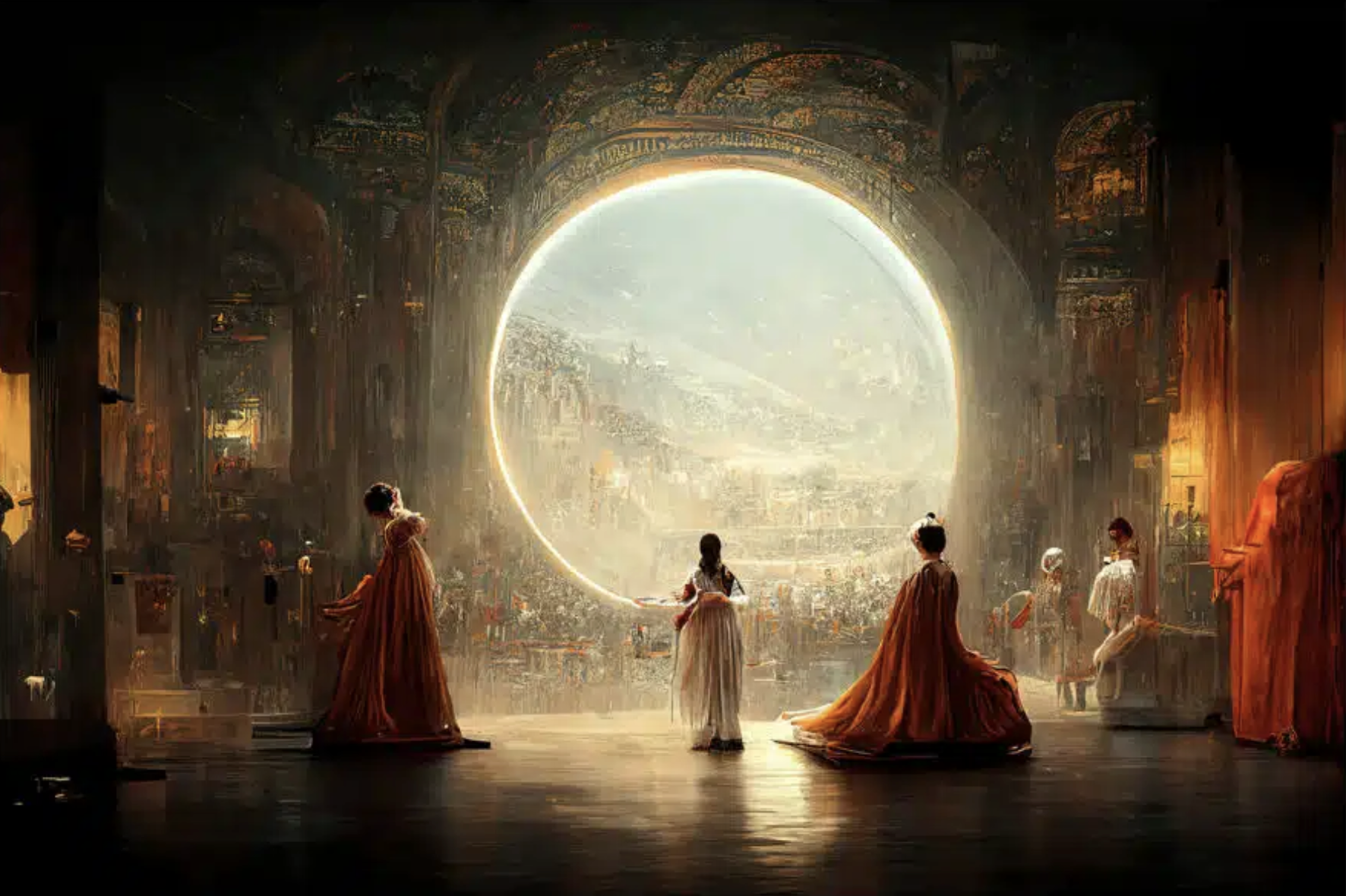 Fantasy illustration generated by artificial intelligence. Image of three humans with shiny, fantastical space helmets, in flowing Renaissance-like robes in red and white placed in a sumptuous, cavernous gathering chamber, looking out a large, circular window on an indistinct mountain with dwellings.