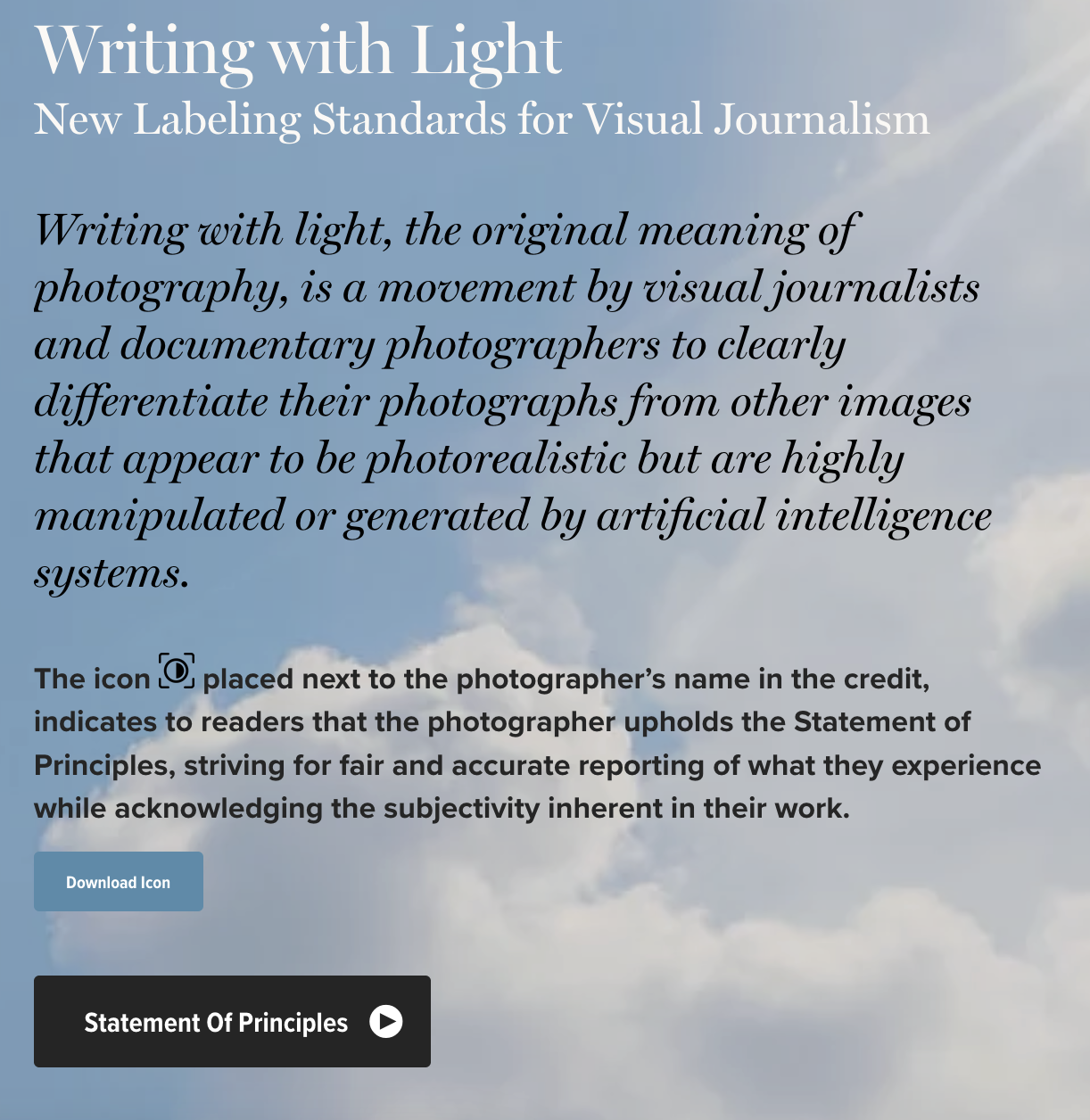 "Writing with Light" website statement about the icon used to decipher between fact and fictional photography. 