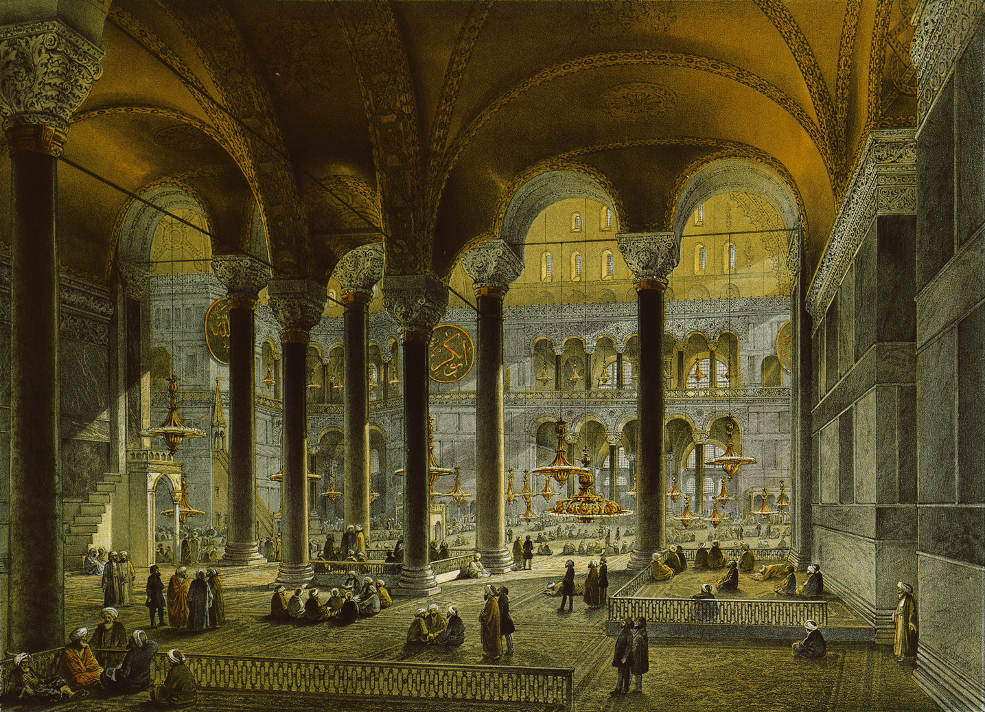 An illustration of the interior of the Hagia Sophia, with soaring arches and mosaics in gold