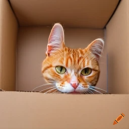 An orange tabby cat in a cardboard box. One ear is much larger than the other.