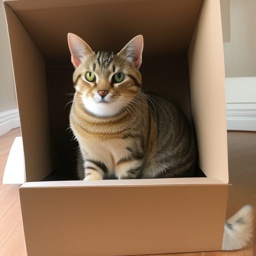 A tabby cat in a box. One of the cat's pupils is much larger than the other.