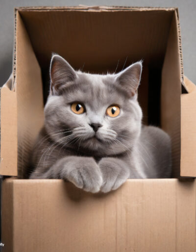 A gray cat with yellow eyes sits in an awkwardly shaped box.
