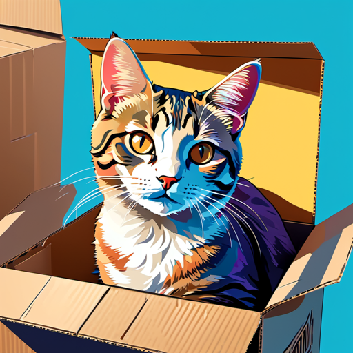 An illustration in pop art style of a tabby cat in a cardboard box.