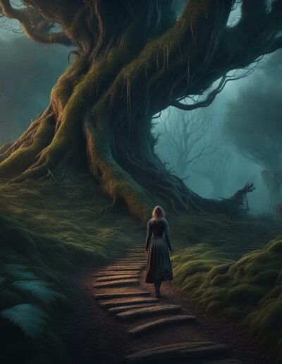 A tree looms over an eerie path and a single lone female traveler