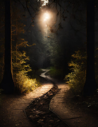 Two parallel curving paths wind through woods at night