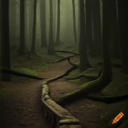 An eerie forest, with strange roots or vines winding across the forest floor.