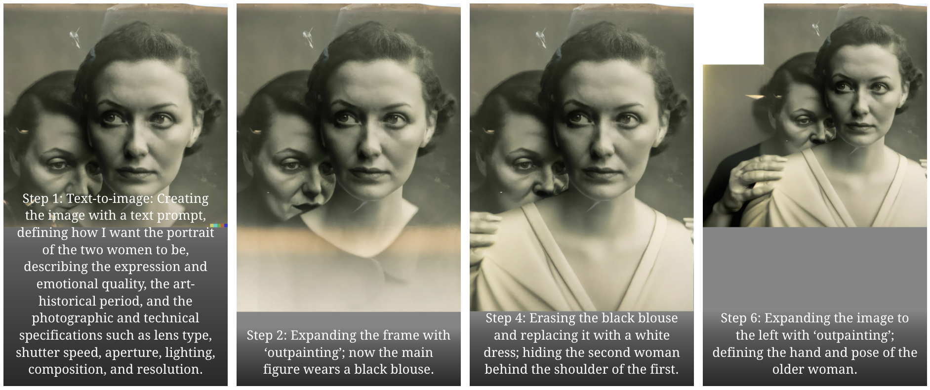 A series of 4 vintage looking photographs of two women, with descriptions of the process of prompting 