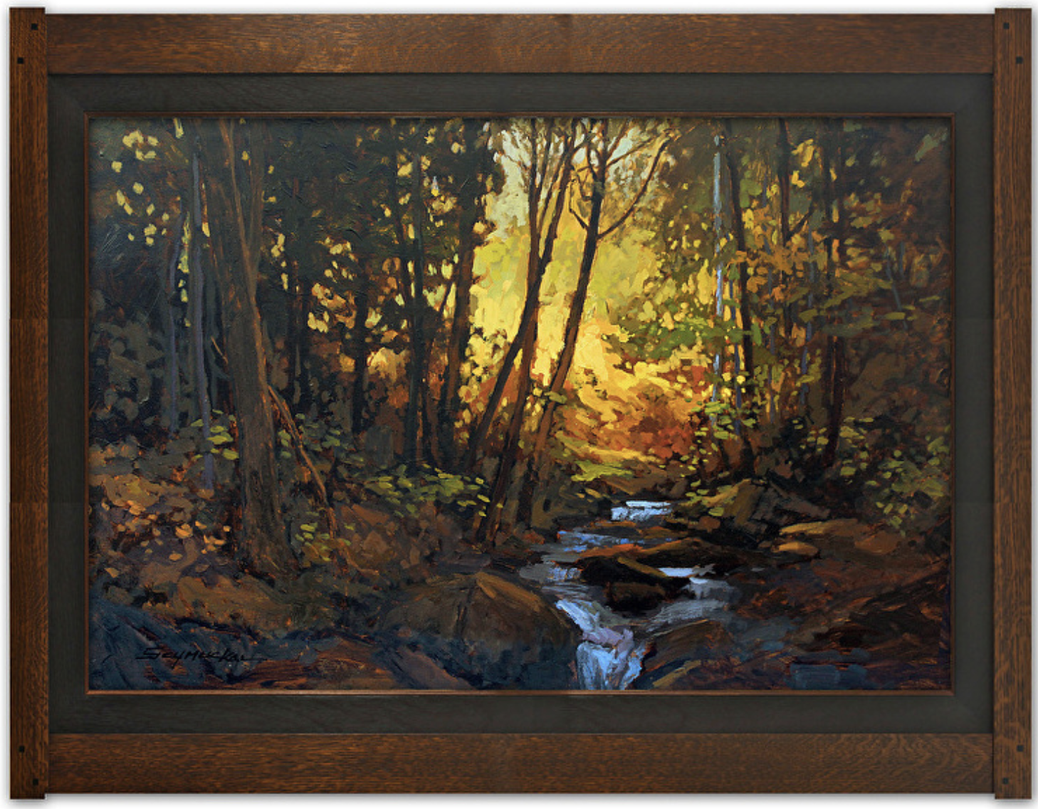 An oil painting of a creek winding through the forest with a sunrise glowing warmly in the background. 