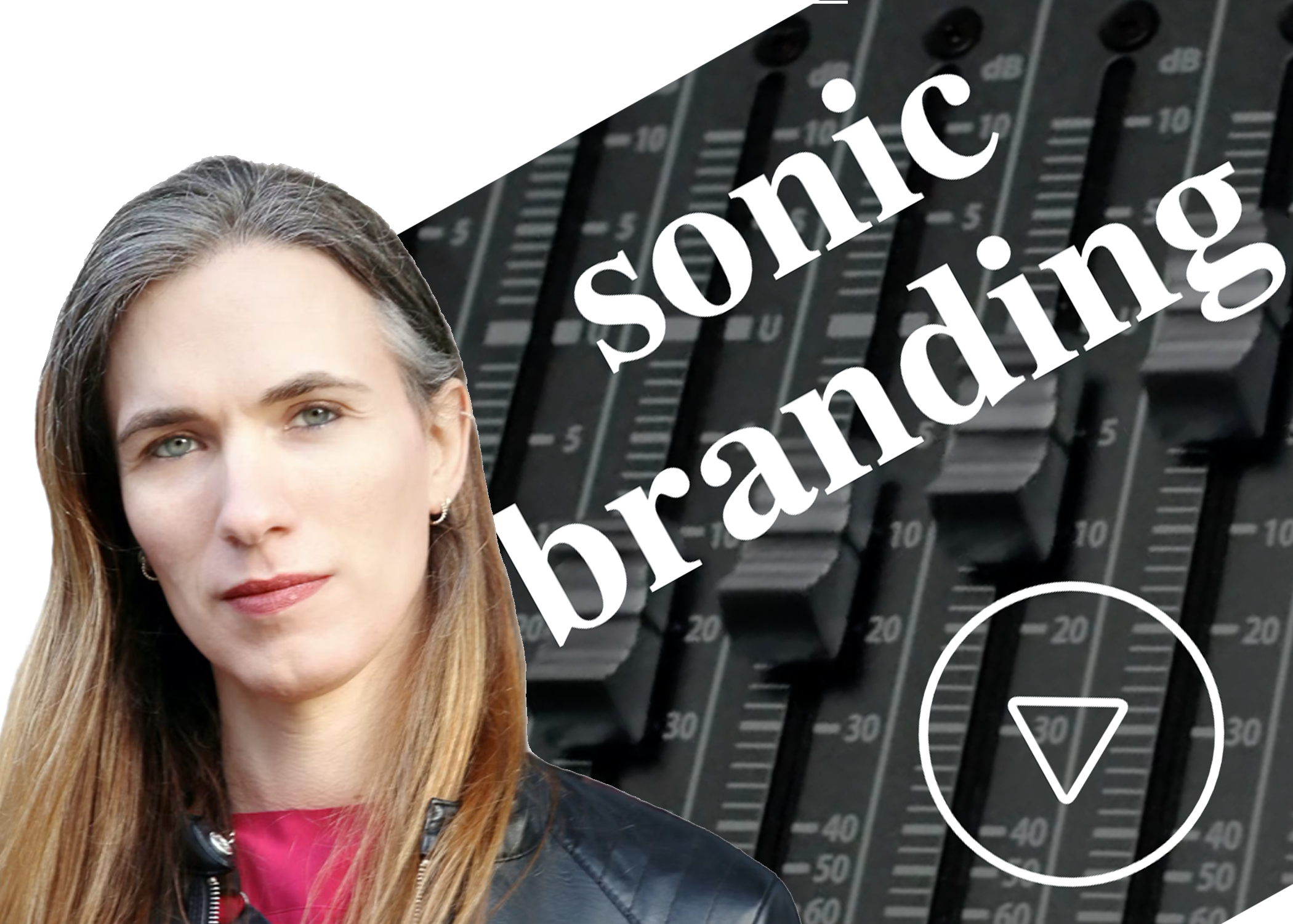 A light skinned woman with long blond hair tucked behind her ear wearing a pink top and black leather jacket next to the phrase "sonic branding"