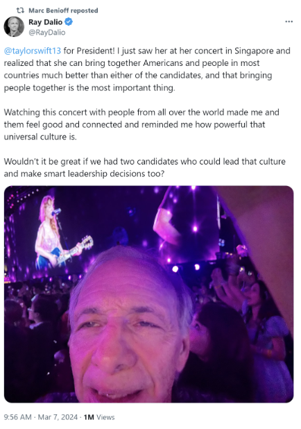 Image of a tweet by Ray Dalio with a selfie of Ray, a white man with scant gray hair, and Taylor Swift in the background accompanying his tweet endorsing Taylor Swift for President of the United States.
