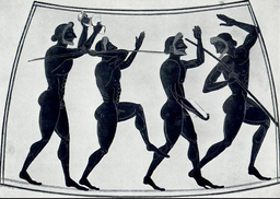 Scene from ancient Greece, with four figures carrying javelins.