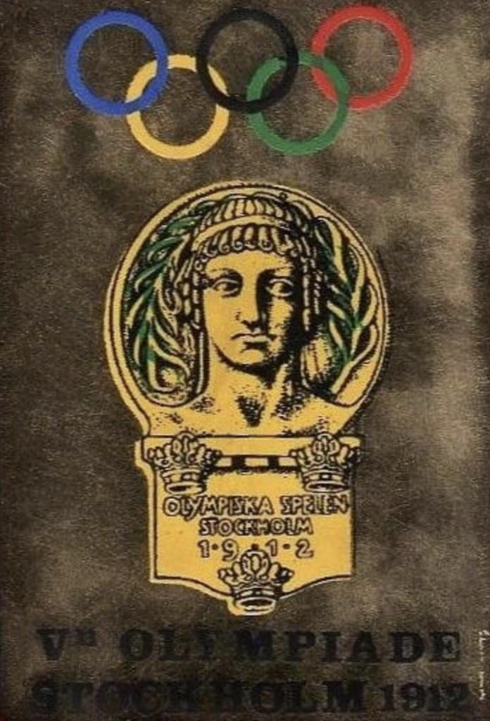 Logo of the 1912 Stockholm Olympics with the image of a gold sculptured bust situated on a plaque with the Swedish words "Olympeka Stillen Stockhold 1912", encircled by a laurel wreath, and underneath the five Olympic rings in their traditional colors of blue, gold, black, green and red.