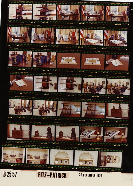 A contact sheet of photograph negatives featuring images of the President Gerald Ford White House including up close shots of the Oval Office desk, busts of famous leaders, and moulding on the walls.