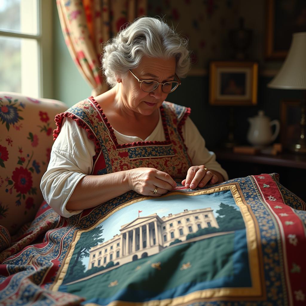 A photo of a woman with gray hair sewing a quilt featuring an image of the White House.