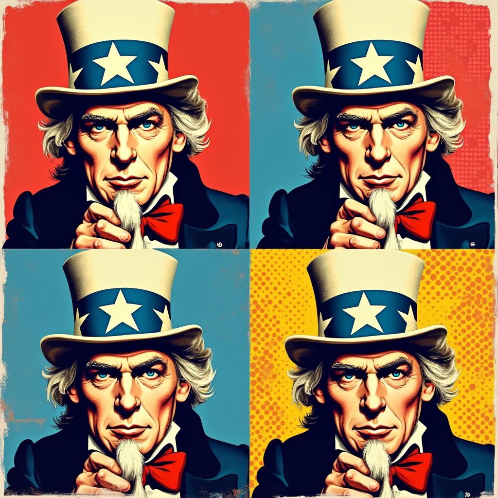 Four images of "Uncle Sam", a white man with gray hair wearing a white top hat staring decisively at the viewer. This image is in the style of Andy Warhol with four identical images with four different colorful backgrounds.