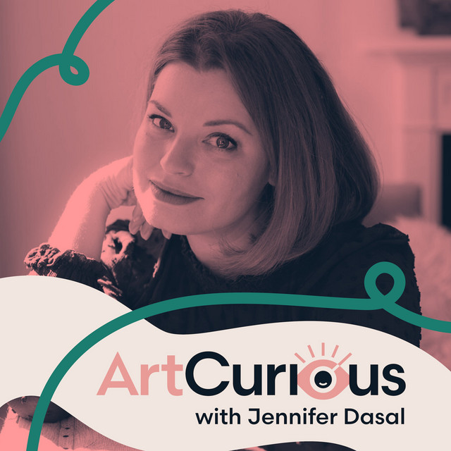 A promotional image for the podcast "ArtCurious with Jennifer Dasal." It features a portrait of a woman with shoulder-length hair resting her head on her hand, smiling softly at the camera. The image has a pinkish overlay, and teal decorative lines curve around the design. The text "ArtCurious" is prominently displayed in bold font, with "Art" in pink and "Curious" in black, incorporating an eye graphic as the letter "O." Below it, the text "with Jennifer Dasal" appears in smaller black font. The background suggests a cozy indoor setting.