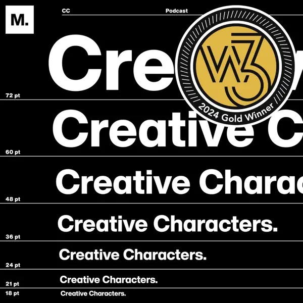 A graphic design featuring the text "Creative Characters" displayed in various font sizes ranging from 72 pt to 18 pt, showcasing a bold sans-serif typeface. The top left corner includes the label "CC Podcast" and a square icon with the letter "M." On the upper right, a circular gold emblem reads "W3 2024 Gold Winner" with a stylized "W3" logo in the center. The background is black, and the text is white, creating a minimalist and professional aesthetic.