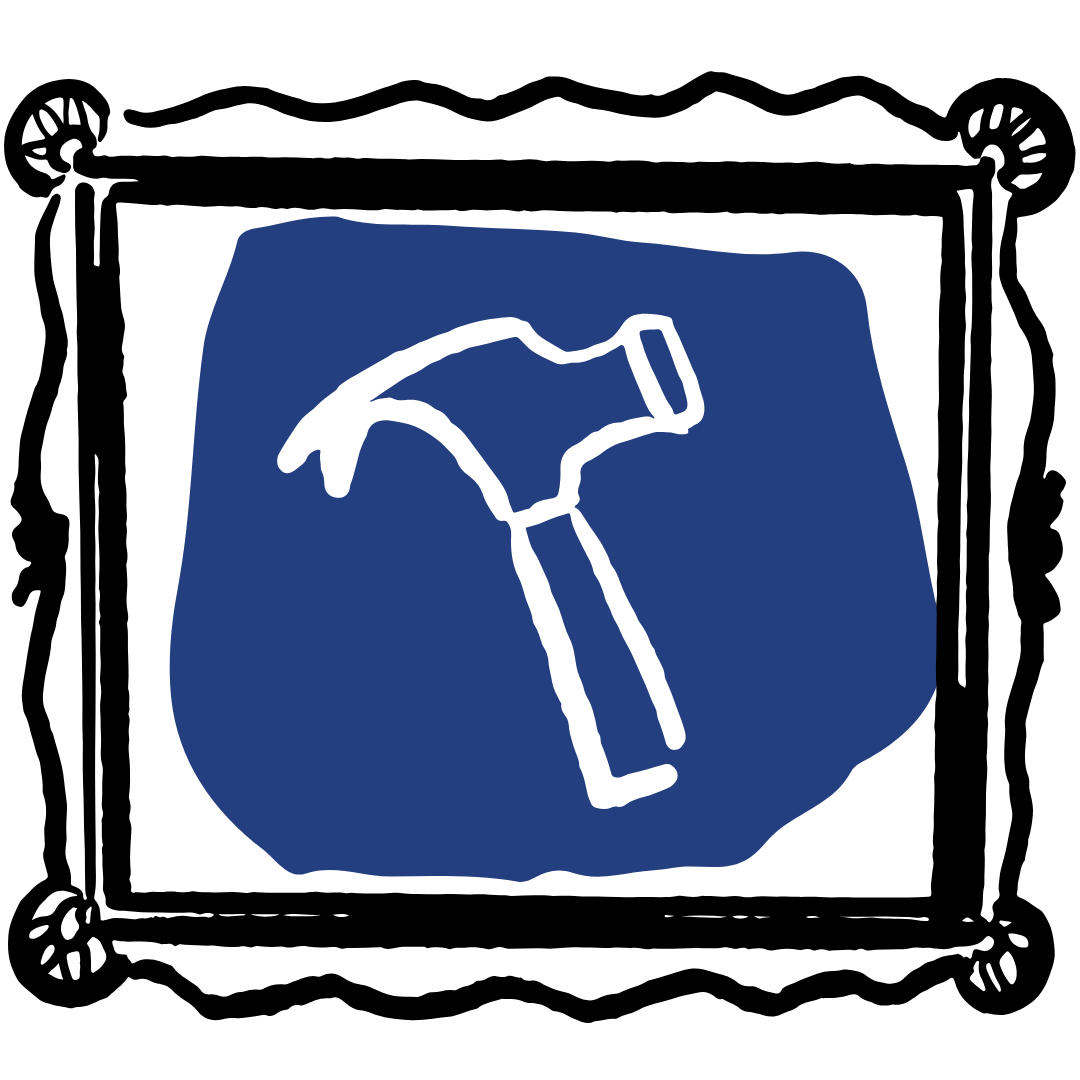 A stylized logo featuring a black, hand-drawn ornate picture frame with a wavy outline and decorative corner accents. Inside the frame is a blue background with a white line drawing of a hammer, symbolizing construction or creativity. The overall design has a playful and artistic aesthetic, blending traditional and modern elements.