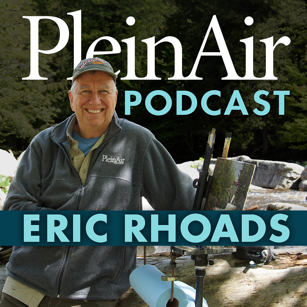 A promotional image for the "PleinAir Podcast" featuring Eric Rhoads. Eric, an older man wearing a cap and a jacket with the "PleinAir" logo, smiles warmly while seated outdoors in a wooded area. A plein air painting setup with brushes and a canvas is visible beside him. The text "PleinAir Podcast" appears at the top in large, elegant white and teal letters, while "Eric Rhoads" is prominently displayed in bold teal text on a darker teal banner across the lower part of the image. The background includes lush greenery and a natural setting, emphasizing the outdoor painting theme.