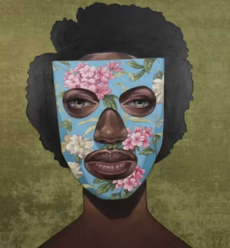 A portrait of a person with dark skin and natural hair against a textured green background. The face is partially covered by a mask-like overlay featuring a blue floral pattern with pink and white blossoms and green leaves. The mask is painted in a way that aligns with the facial features, creating a layered and artistic effect.