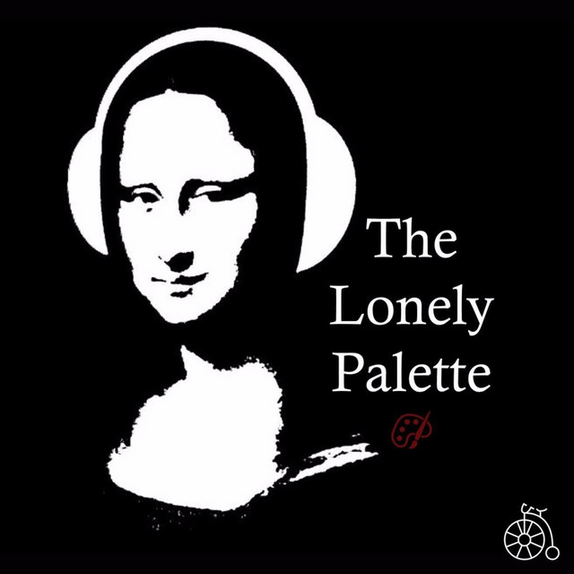 A minimalist logo for the podcast "The Lonely Palette," featuring a stylized black-and-white depiction of the Mona Lisa wearing oversized headphones. The text "The Lonely Palette" is displayed in white, serif font to the right of the image. A small red artist's palette icon is placed beneath the text, and a tiny white bicycle icon appears in the bottom-right corner. The background is solid black, creating a bold and modern aesthetic.