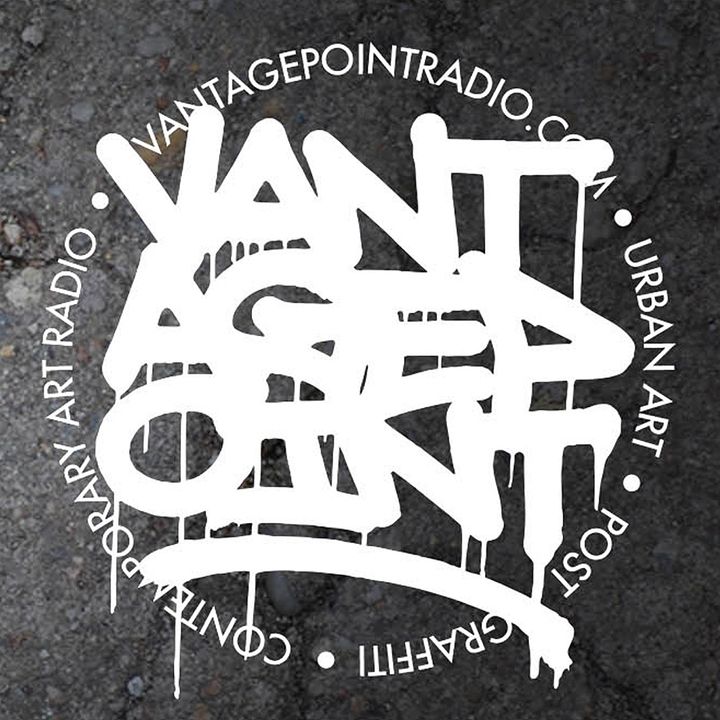 A logo for "Vantage Point Radio" featuring bold, white graffiti-style text that reads "Vantage Point," with paint drips for an urban aesthetic. The text is enclosed within a circular border containing the phrases "vantagepointradio.com," "Urban Art," "Post-Graffiti," and "Contemporary Art Radio," separated by small dots. The background is a textured, dark concrete surface, emphasizing the street art theme.