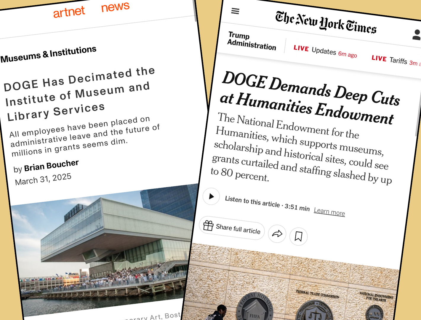 DOGE cuts NEH and IMLS A collage of newspaper headlines referencing DOGE cuts to the NEH and IMLS