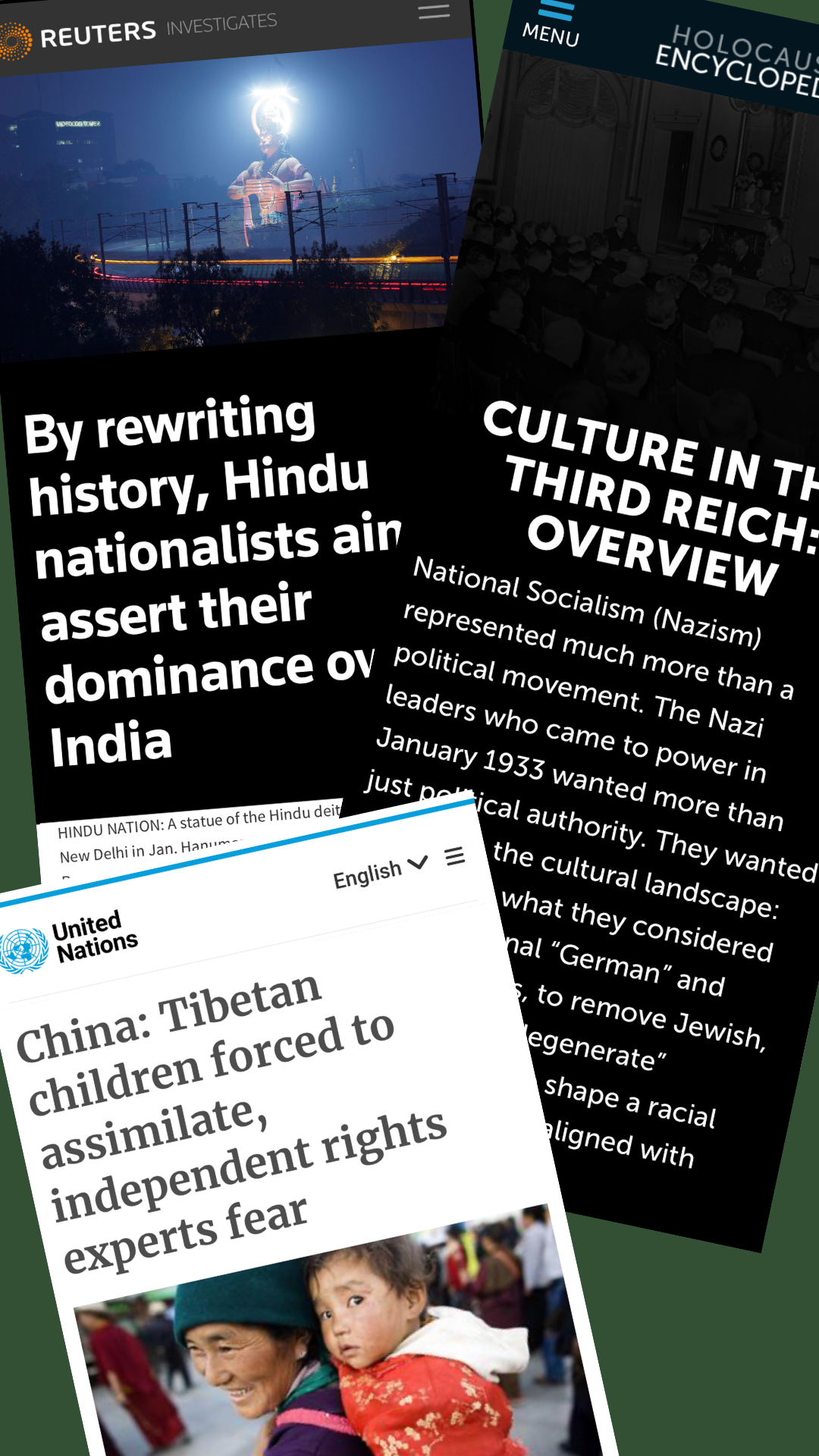 DOGE Headlines 05 A collage of headlines featuring China's forcing the assimilation of Kong Kong children, the culture in the Third Reich, and Hindu nationalists rewriting of Indian textbooks